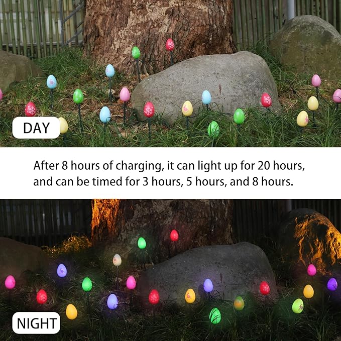 25 FT 20 Packs Easter Eggs Decor String Lights, 8 Modes Colorful Easter Solar Light Outdoor, Waterproof Stake Egg Pathway Light for Garden Patio Lawn Yard