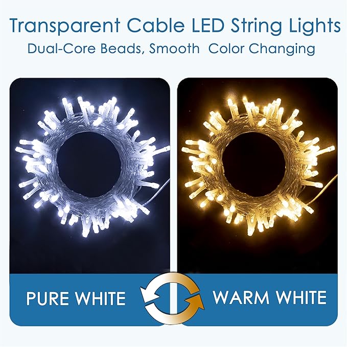 GHJ Battery Operated Remote Control Rainproof LED String Lights, Color Changing Fairy Lights for Christmas Tree Xmas Garden Party (White-Warm, 50LEDs)