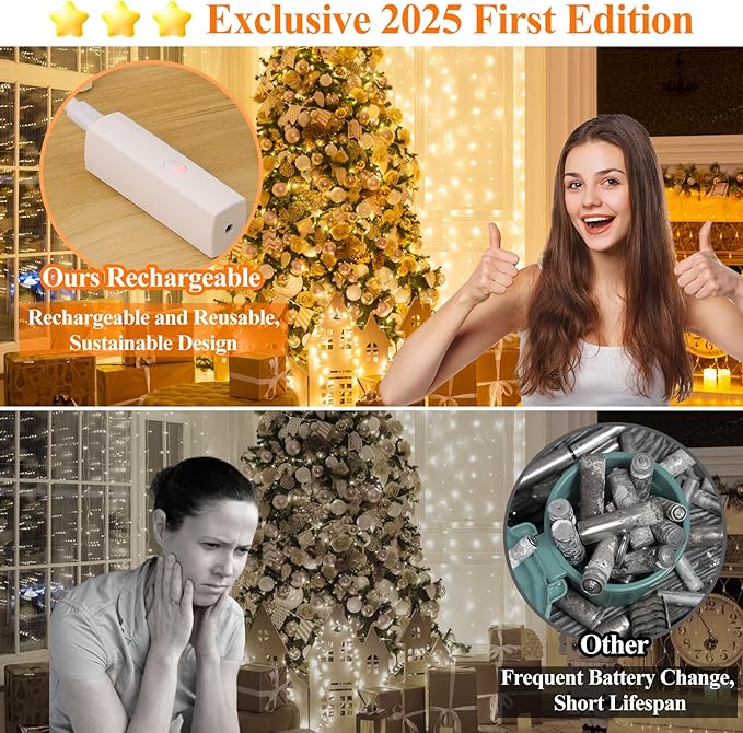 Lakumu 66FT(33*2) Fairy Twinkle Lights Battery Operated, 100 LEDs Rechargeable Battery Powered String Lights with 8 Modes & Timer for Bedroom, Christmas Decorations, Party, Wedding, Table(Warm White)