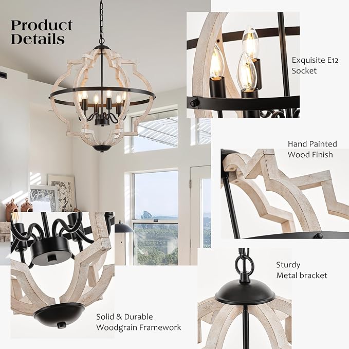 6-Light Farmhouse Wood Pendant Light,22.83'' Vintage Rustic Light White Wood Chandeliers,Retro Industrial Hanging Light Fixtures for Dining Room Entryway, Bedroom