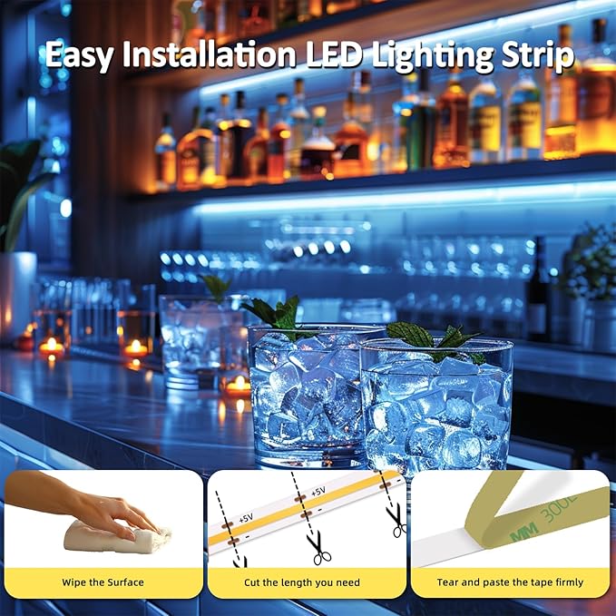 ICE Blue LED Strip Light 320 LEDs 2Pack High Brightness Indoor Use 8mm Flexible LED Tape Lights 5V Powered Density Cuttable USB COB Strip for DIY Display Cabinet LED Back Lights (3.28FTx2)