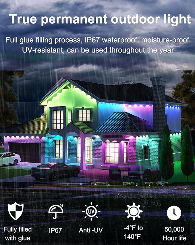 50FT Permanent Outdoor Lights, 108 Scene Modes Smart RGBW+IC Outdoor Christmas Lights with Remote APP Control, IP67 Waterproof LED Eaves Lighting for Halloween Party, Daily, Garden Decor