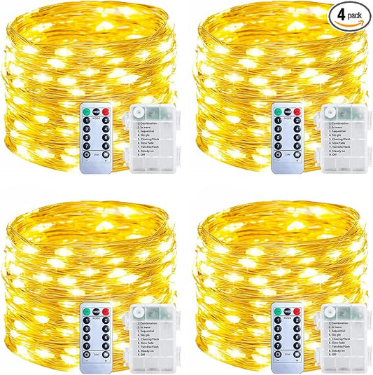 Upgraded 4Pack Total 280Ft 800 LED Fairy Lights Battery Operated with Remote & Timer, Waterproof Christmas String Lights Outdoor Indoor, Battery Twinkle Lights for Bedroom, Xmas, Parties, Tree, Decor
