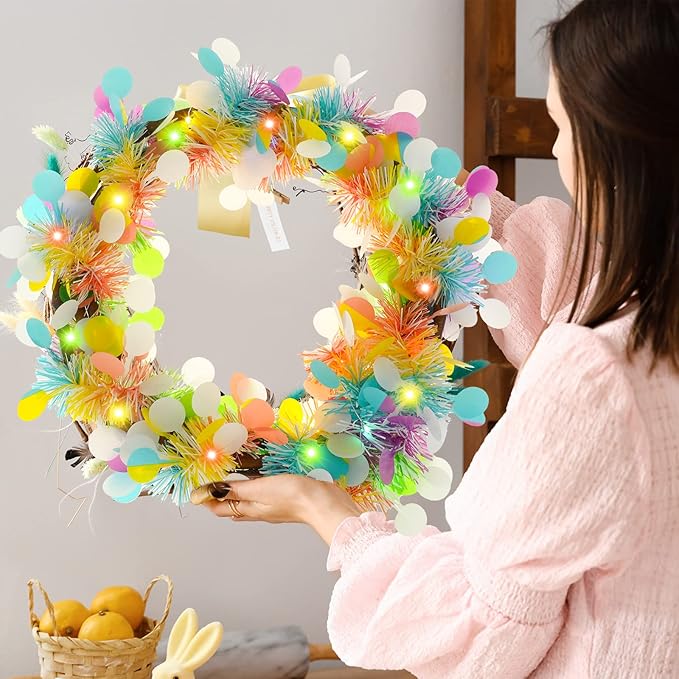 Chuangdi 16.4 ft Easter Tinsel Garland with LED String Light Easter Egg Twist Metallic Wire Tinsel Garland Foil Hanging Decor, Colorful, Colorful Light