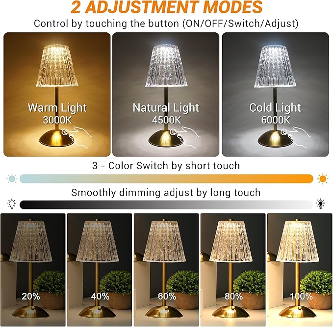 Cordless Table Lamp, Rechargeable Battery Operated Lamp, 3 Color Modes & Stepless Dimmable LED Touch Lamp, Portable Crystal Gold Metal Beside Lamps for Bedroom Living Room Restaurant Outdoor