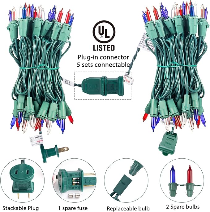 Minetom Red White Blue Christmas Lights Green Wire - 100 Count 4th July Decoration Patriotic Mini String Lights Waterproof for Indoor Outdoor Xmas Holiday Party Patio Independence Day Decoration