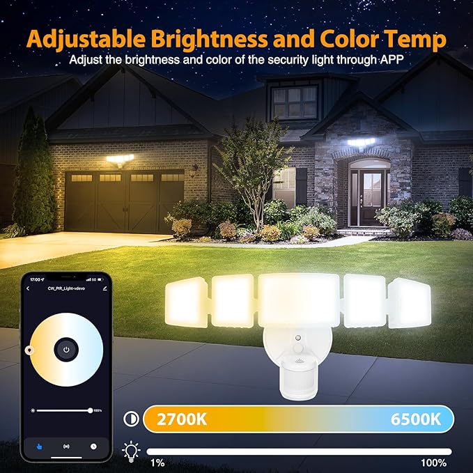 Onforu 5 Heads 120W 12000LM Smart LED Security Lights Motion Sensor Outdoor, APP Control 340° Illumination WiFi Alexa Flood Ligh 2700K-6500K Exterior Motion Detector, IP65 Wall Light for Yard, White