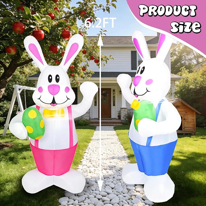 Dearsun Set of 2PCS, 6.2FT H Lovely Easter Inflatable Bunnies Holding Easter Egg, Easter Bunny Blow up Yard Decorations Giant Bunny for Holiday Party Indoor Outdoor Decorations