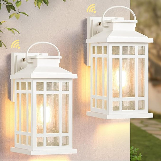 White Dusk to Dawn Outdoor Lighting 2-Pack, Outside Wall Lights with Seed Glass, Outdoor Light for House, Garage, Garden, Entryway, Doorway, 100% Aluminum Waterproof and Anti-Rust, E26 Socket