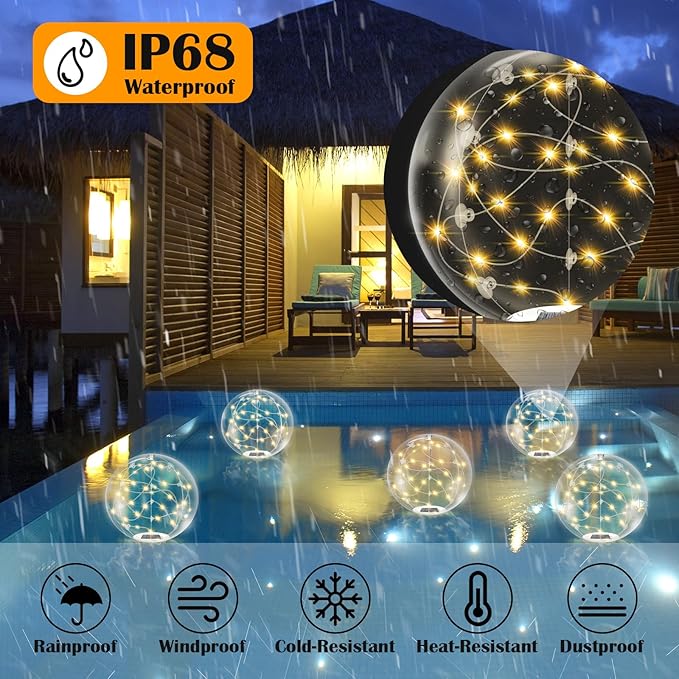 Floating Pool Lights Solar Powered,14 Inch 3000K Warm White Inflatable Glow in The Dark Balls,IP68 Waterproof Led Light up for Inground Pool,Christmas Decorations Outdoor Ornaments