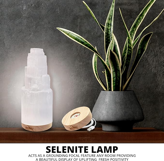 Himalayan Glow Selenite Crystal Lamp 20cm Large, Hand Curved Crystal Lamp with (ETL Certified) Wooden Base & USB Charging Cable for Home Décor - White