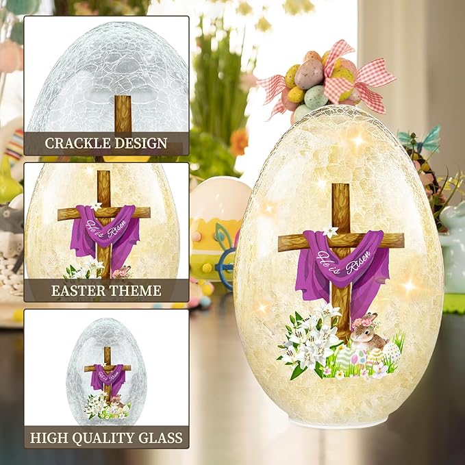 Easter Egg Light Decorations, 8.27'' Balls Crackle Glass Tabletop Decor He is Risen Night Light Spheres Decorative Balls Glass Orb Table Lamps Festive Home Accent