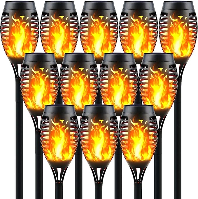 12 Pack Solar Torch Lights Outdoor Flickering Flame - Upgraded 12LED Mini Fire Effect Solar-Powered Tiki Torches, IP65 Waterproof Lighting, Auto On/Off, Perfect for Garden Patio Pathway Decor