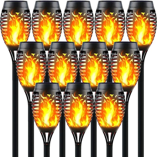 12 Pack Solar Torch Lights Outdoor Flickering Flame - Upgraded 12LED Mini Fire Effect Solar-Powered Tiki Torches, IP65 Waterproof Lighting, Auto On/Off, Perfect for Garden Patio Pathway Decor