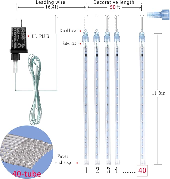 Meteor Shower Lights Outdoor: 40 Tube(Equivalent to 5 Sets of 8-Tubes) Christmas Lights - Waterproof Christmas Halloween Decorations for Yard Outside Tree Roof, Multicolor