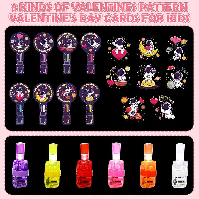 36 Pack Valentines Day Gifts for Kids Classroom LED Space Finger Lights, School Valentines Exchange Cards Gifts Prizes Space Party Favors for Boys Girls
