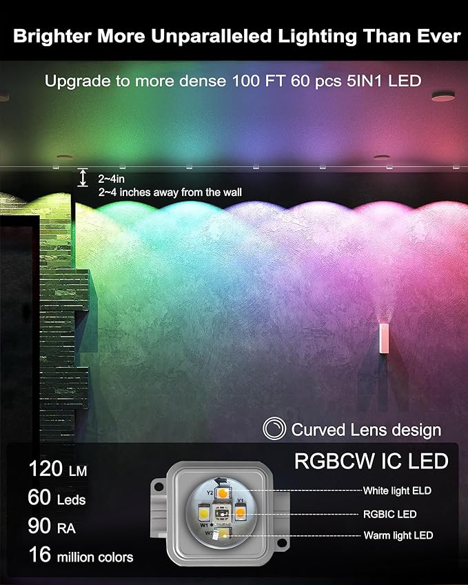 100ft Permanent Outdoor Smart Lights Pro with 60 RGBCW+IC LEDs & WiFi/Alexa Control, IP68 Waterproof Christmas Lights Outdoor Year-Round Lighting 108 Scene Modes for Daily, Halloween Décor