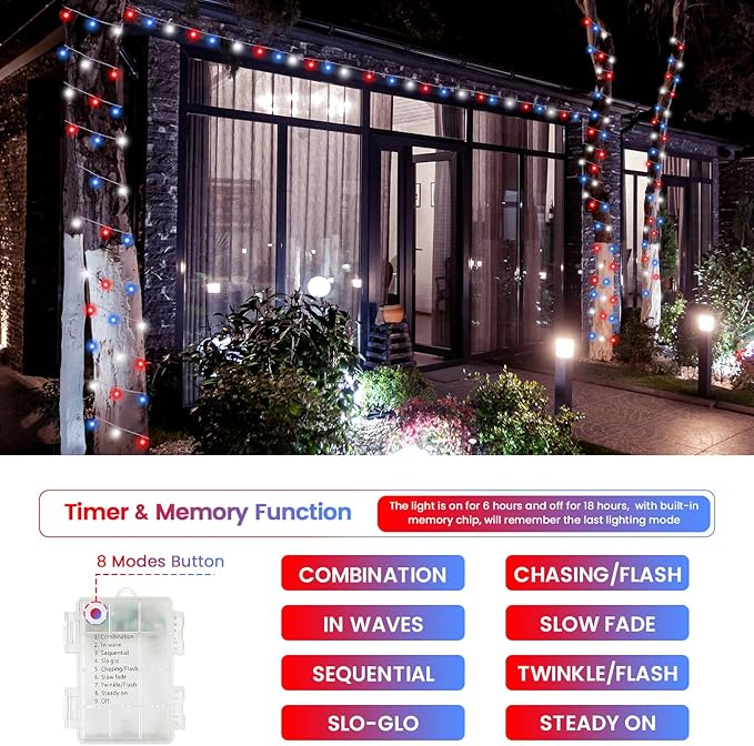 2 Pack Red White and Blue Fairy Lights Battery Operated, 33FT 100LED July 4th Patriotic String Lights with Timer, 8 Modes Waterproof Twinkle Light Indoor Outdoor for Independence Day National Day