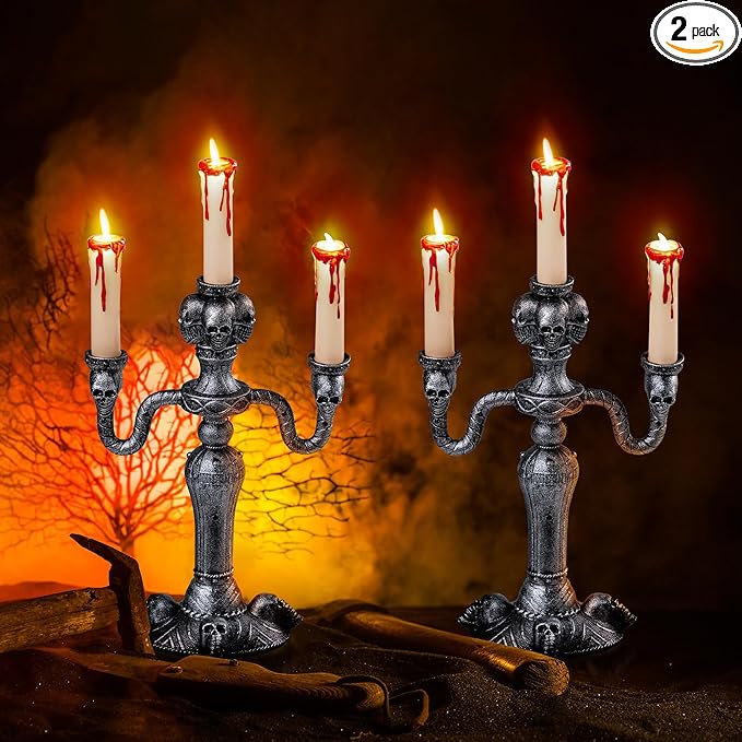 JOYIN 2 Pcs Skull Candelabra Halloween Decorations Indoor LED Lights Flameless Candles Holder, Scary Haunted House Mansion Decor for Table Home Party