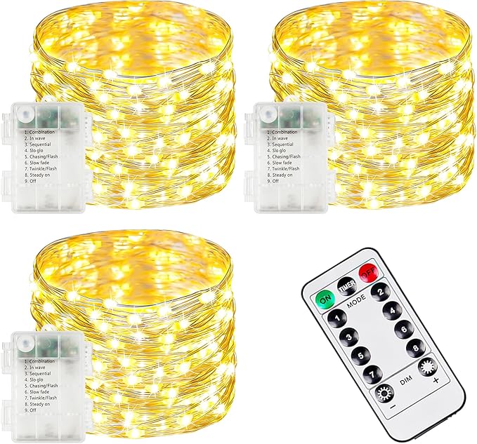 3 Pack Fairy Lights Battery Operated with Remote, 120LED 40FT Twinkle Lights Waterproof Outdoor Indoor Decor, 8 Modes Battery String Light Timer for Christmas Party Wedding Home DIY Décor(Warm White)