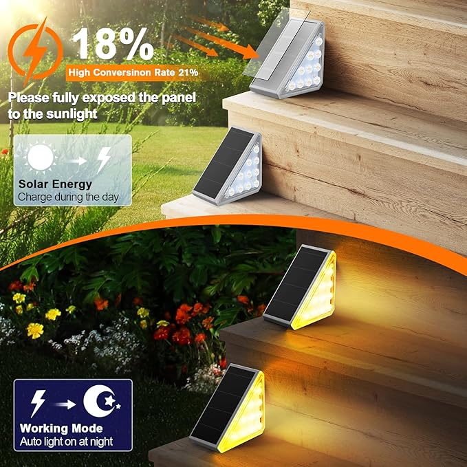 6 Pack Solar Stair Lights Outdoor Stair Lights with Waterproof IP67 LED Solar Light for Outside Light Decor for Deck, Front Step, Front Porch, Patio, Garden and Backyard