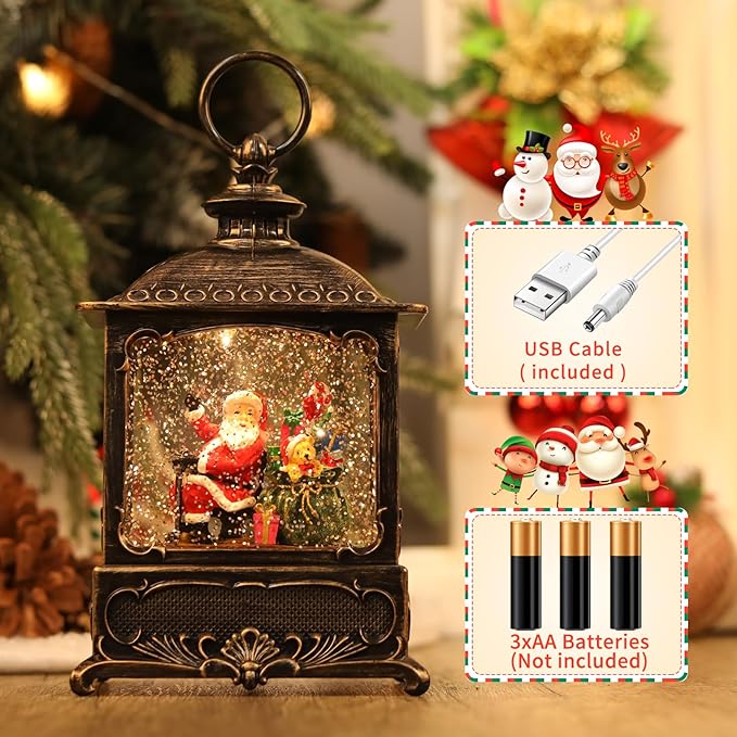 Christmas Snow Globe Lantern Santa Claus Decorations, Music Glitter Lanterns with 6h Timer, 3 AA Battery Operated & USB Powered, Santa Claus Snow Globe Lantern for Christmas Home Decoration and Gift
