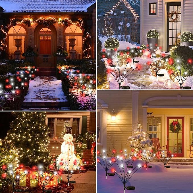 OZS 6Pack Total 48LED Solar Garden Lights Christmas Fairy Outdoor - Solar Firefly Lights Fairy Outdoor, Sway by Wind, Waterproof for Pathway Patio Yard Christmas Decorations(Red&White)