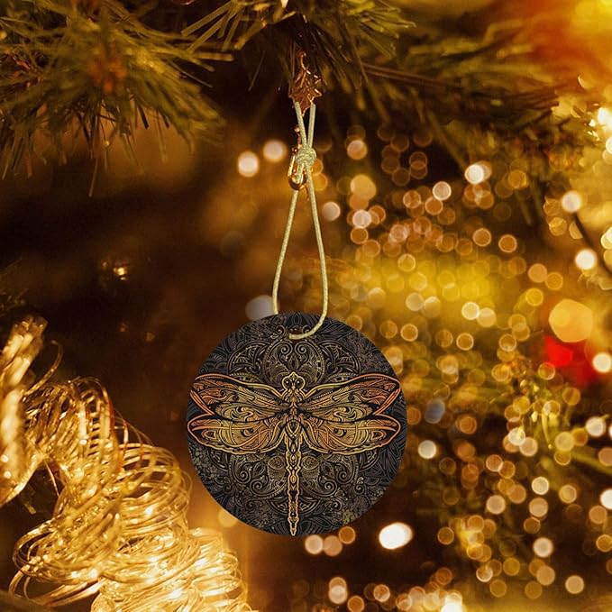 Exquisite Golden Dragonfly Mandala Christmas Ornaments, Christmas Decorations Xmas Tree Hanging Ornaments, Round Ceramic Festive Keepsake Gift for Christmas Decorations Holiday Home Party Decors