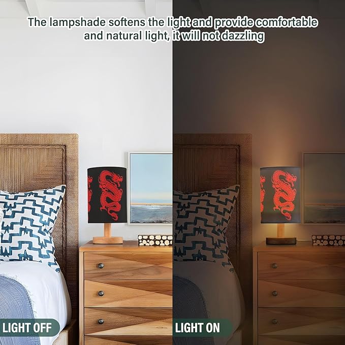 Table Lamp Red Chinese Dragon on Black Nightstand Lamp with Wood Base Fabric Lamp Shade Bedside Desk Lamp for Living Room Bedroom Kids Room Office