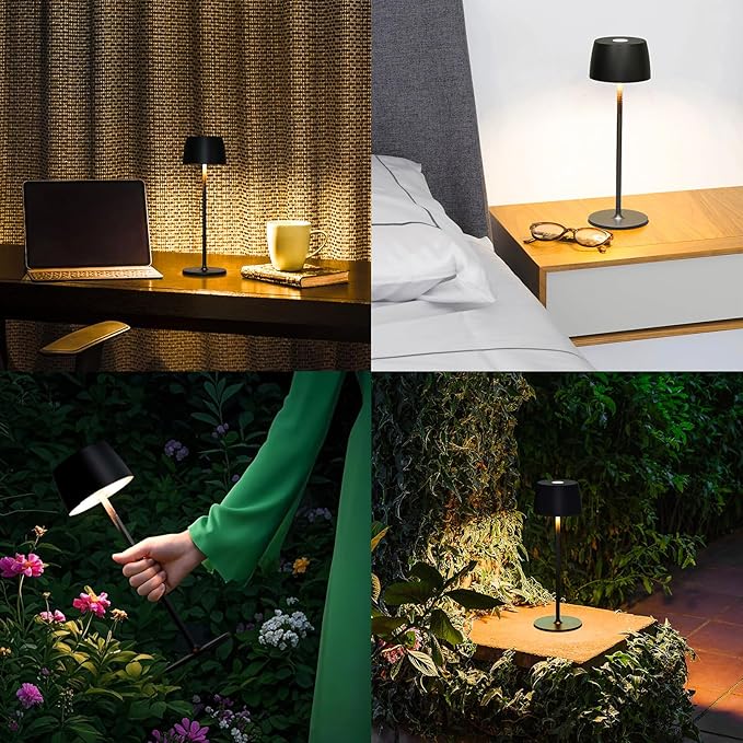 Rechargeable Cordless Table Lamp — Waterproof IP54, Portable Indoor Outdoor Lights for Restaurant/Patio/Bar (Black)