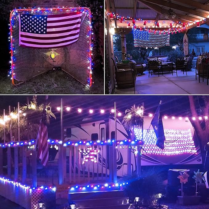JMEXSUSS 2 Pack Solar String Lights Outdoor Waterproof, Total 400 LED 151FT Solar Christmas Lights Outdoor, 8 Modes Christmas Light for Outside Patio Yard Tree Decorations, Red White and Blue