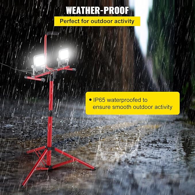 VEVOR LED Work Light with Stand, 5000 Lumen Dual-Head LED Work Light with 27.6"-68.1" Adjustable and Foldable Tripod Stand, IP65 Waterproofed LED Tripod Work Light, with 5000 Kelvin Color Temperature