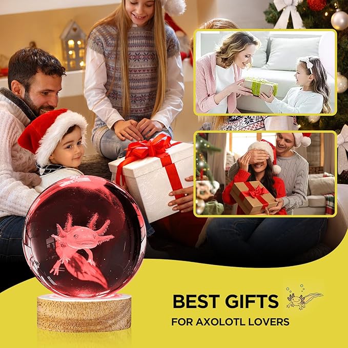 3D Axolotl Crystal Ball Night Light 3.15 inch Axolotl Glass Ball Lamp with 16 Color Changing Wooden Base and Remote Axolotl Ideal Gifts for Kids Friends Birthday Christmas Room Decor Axolotl Toys