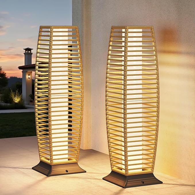 Grand patio 2-Piece Outdoor Floor Lamp Solar Lantern, Water-Resistant Wicker Boho Patio Light with 50/100 Lumens Dual Brightness & Memory Mode for Garden Porch Deck Decor, Large Crossover Natural