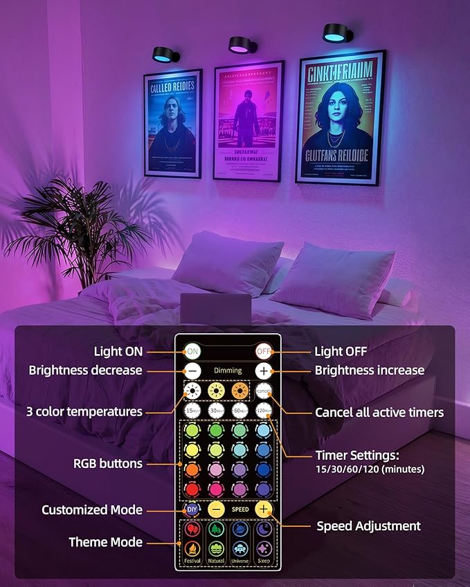 Wall Mounted Lights, 3 Pack Rechargeable RGB Color Changing Light, 3 Color Temps & Remote and Touch, 360°Rotation Dimmable Cordless for Study Bedroom Reading Bedside (Black)