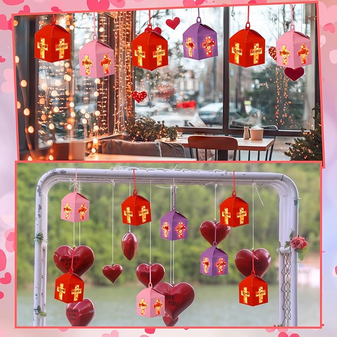 12 Sets Religious Valentine's Day Crafts with LED Candlelight Valentine's Day Cross Tissue Paper Crafts Kits DIY Cross Suncatchers Lanterns Hanging for Sunday School Christian Decoration