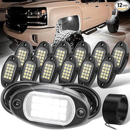 YONEDA 12 Pods White Rock Lights 6000K Ultra Bright LED Neon Underglow Lights IP68 Waterproof for Trucks SUV UTV ATV RZR Car Boats Pickup Motorcycle with 32.8ft Extension Wire