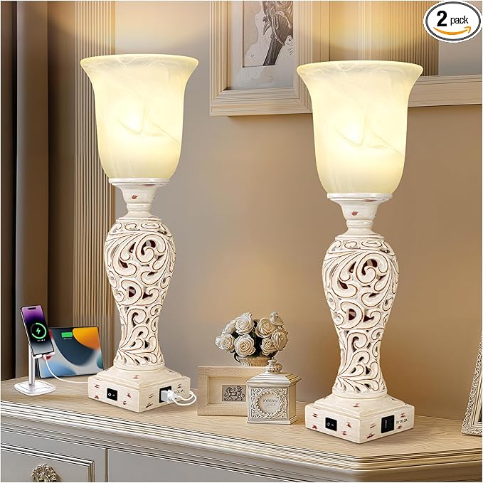 Bedside Table Lamps for Bedroom Set of 2, 3-Way Dimmable Nightstand Lamps with 2 USB Charging Ports, 20" Vintage Desk Lamps with White Alabaster Glass Shade for Living Room Entryway, LED Bulb Included