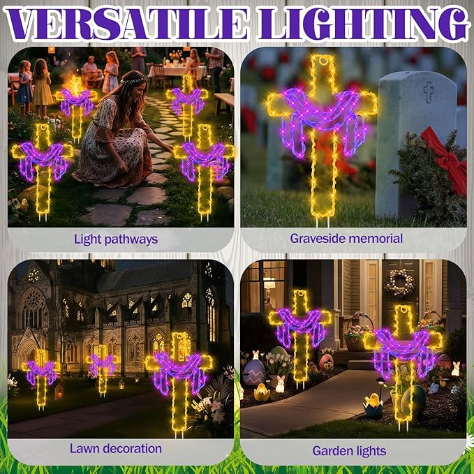 Retisee 3 Pack Easter Cross Solar Garden Lights Outdoor-12 Inch LED Lighted Cross Yard Stakes, Waterproof Solar Lamps,Religious Pathway Lawn Decorations for Easter Church Memorial Garden