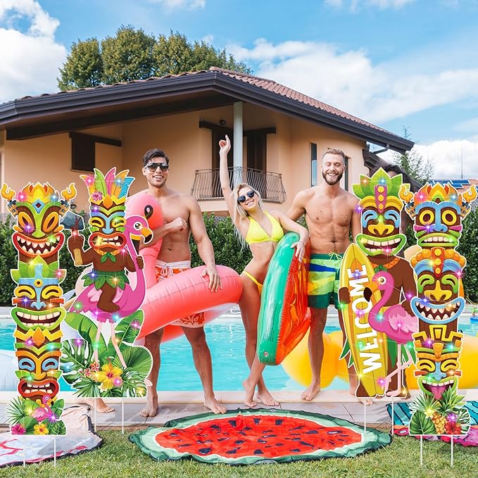 Bencailor 4 Pcs Hawaiian Outdoor Decorations Hawaiian Flamingo Yard Stake Signs with LED Light Large Tropical Beach Party Supplies Decor for Summer Outdoor Lawn Garden Stand Party Supplies