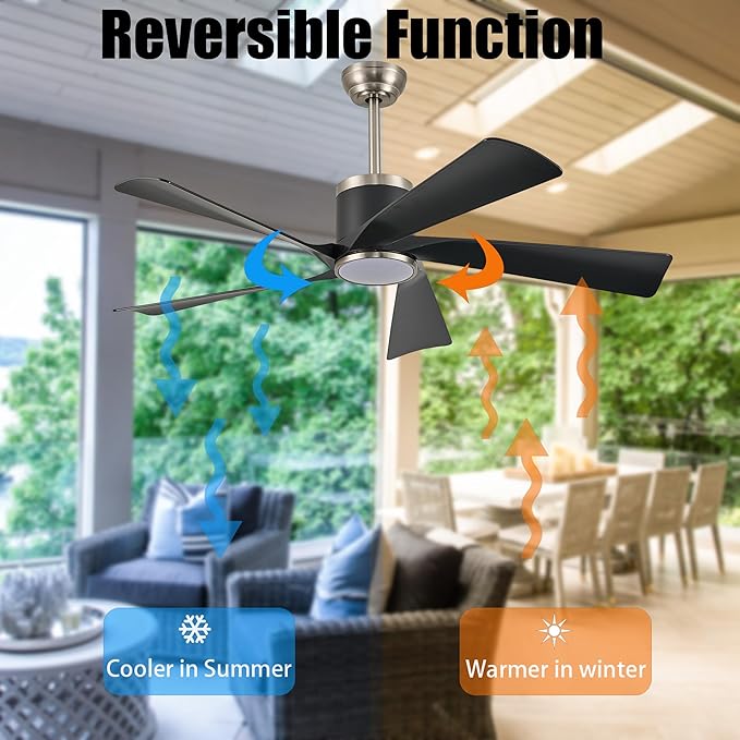 Ceiling Fans with Lights,52 inch Black Ceiling fan with App and Remote Control,Reversible modern DC ceiling fans,3CCT,Dimmable,Noiseless,Ceiling Fan for Bedroom,Living Room,Indoor/Outdoor Use