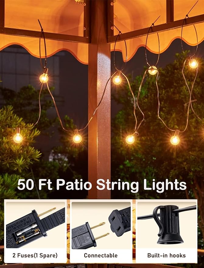 50 Feet Patio String Lights with 53 Edison Globe Bulbs, UL Listed for Indoor Outdoor Use, E12 Socket Base, Connectable Lights for Porch Deck Gazebos Balcony Wedding Gathering Parties Decor, Black