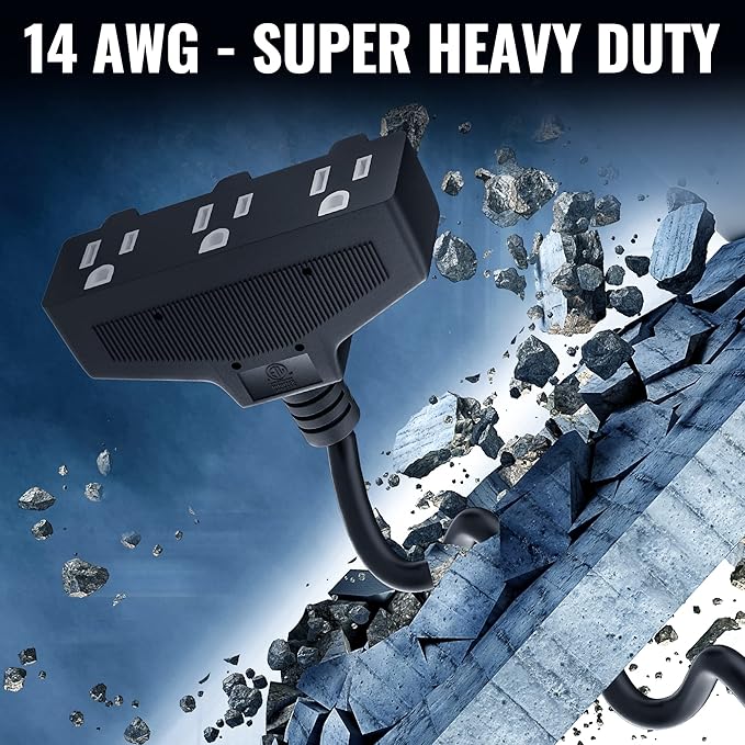 Outdoor Extension Cord 1 Ft with 3 Outlets, 14/3 SJTW 3 Prong Grounded Power Cord, 14 Gauge 14AWG Heavy Duty Power Cable, ETL Listed, 15 Amp 125 V 1875 W-Multiple Outlets for Indoor/Outdoor-Black