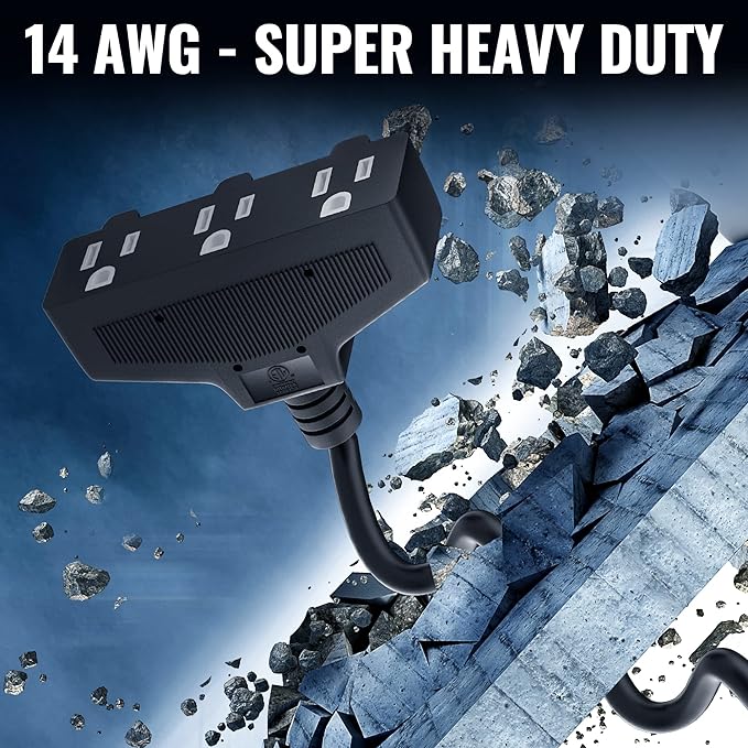 Outdoor Extension Cord 6 Ft with 3 Outlets, 14/3 SJTW 3 Prong Grounded Power Cord, 14 Gauge 14AWG Heavy Duty Power Cable, ETL Listed, 15 Amp 125 V 1875 W-Multiple Outlets for Indoor/Outdoor-Black