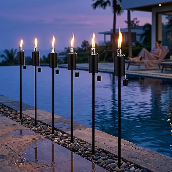 FAB BASED 55 Inch Outdoor Oil Torch Lamp–Set of 6 Rustproof Stainless Steel Citronella Torches, 11.16 oz, Includes Funnel & Fiberglass Wicks for Patio Garden Backyard (Black)