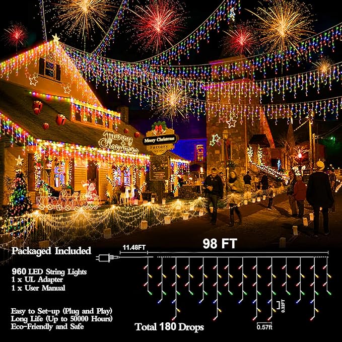 98FT 960 LED Christmas Lights, Waterproof 8 Modes Ice Lights for Outside with Memory and Timer Hanging Fairy Lights Plug-in Curtain String Lights for Holiday Party Wedding Home (Multicolor)