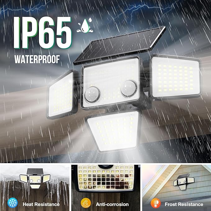 Solar Outdoor Lights - 3000LM 188 LED Motion Sensor Outdoor Lights, 4 Heads IP65 Waterproof Powered Security Flood Lights, 270°Wide Lighting Angle Wall Light with Sensors for Backyard Yard