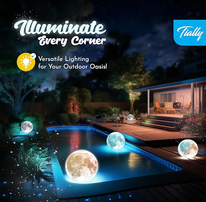 TIALLY Full Moon Floating Pool Lights Solar Powered - 14", That Float, Inflatable Waterproof Led Light Balls, Swimming Pool Accessories for Inground Pools, Party Decor for Outdoor (4 Pack)