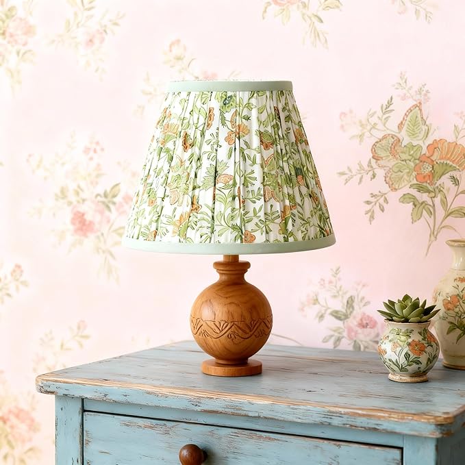 Lamp Shades Set of 2, 5" Top x 9" Bottom x 7" Slant Chandelier Shades Gingham Ruffle Scallop Lampshades for Vintage Farmhouse Cottagecore Table Bedroom Home Decor (Green Floral)