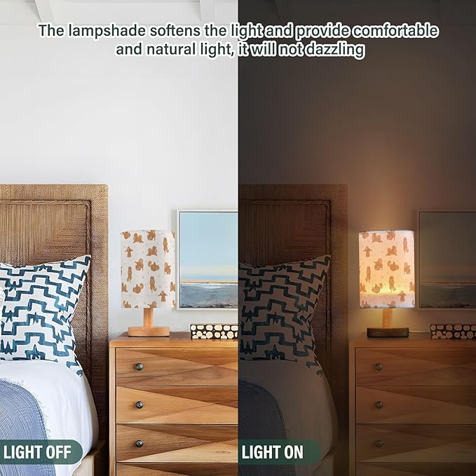 Yoga Pomeranian Dog Pattern Table Lamp with Wood Base Fabric Lamp Shade Bedside Nightstand Desk Lamp for Living Room Bedroom Kids Room Office
